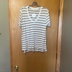 Be Cool Ivory and Camel Striped V-Neck Tee
